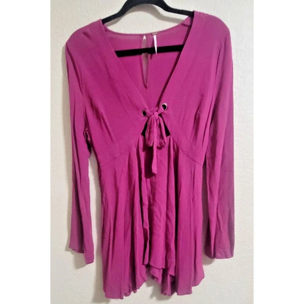 Free People Tunic Mini Dress Sz 12 Front Tie Bell Sleeve Peasant Hippie Boho